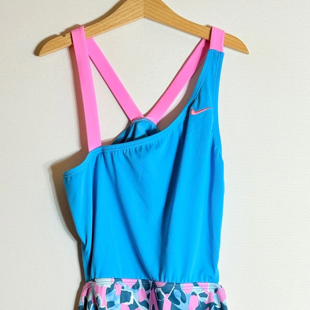 NEW Nike‎ Girls Large Swimsuit Blue Pink Strappy Open Back Athletic Sporty